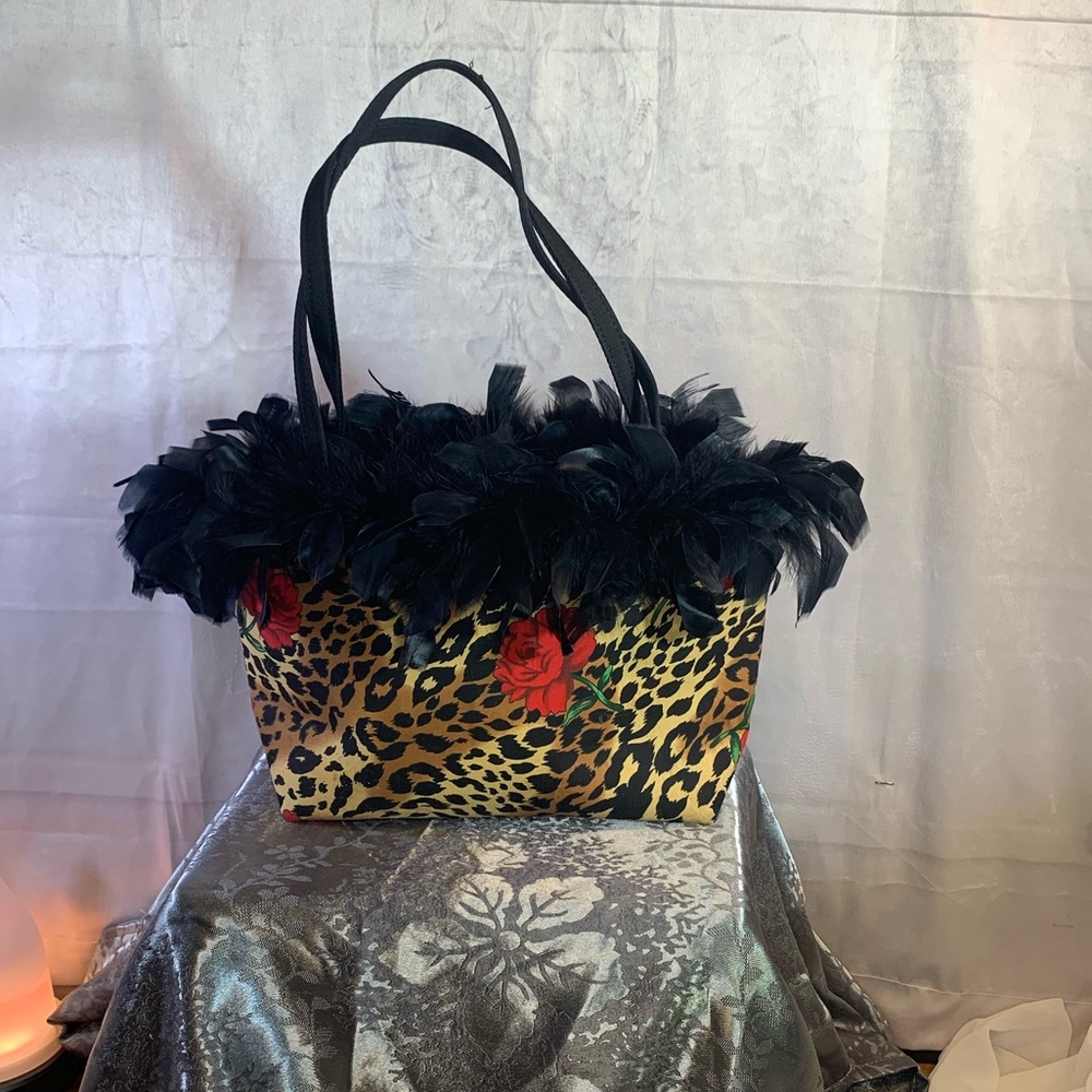 Feathered Leopard and Roses Print Handbag